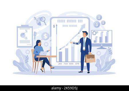 Analyse de marché, advizor financier, gestion des relations avec la clientèle métier ensemble. Man analyse l'illustration vectorielle des documents Illustration de Vecteur