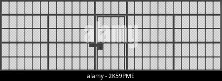 Cage de prison avec porte verrouillée, paroi de cellule de prison avec barres métalliques noires. Clôture et porte en fer détaillées, grille d'institution criminelle isolée sur transparent Illustration de Vecteur
