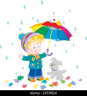 Petit garçon et son chiot de joyeux se cachant de la pluie sous un parapluie coloré tout en marchant à travers les feuilles mortes un jour pluvieux d'automne Illustration de Vecteur