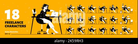 Ensemble de 18 pigistes isolés sur fond jaune. Illustration vectorielle de personnages plats masculins et féminins travaillant sur un ordinateur portable de la maison, fatigués, overloade Illustration de Vecteur
