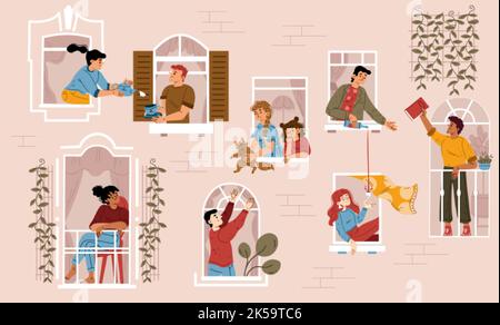 Voisins communication, quartier, coing, aide mutuelle concept avec des gens amicaux dans les fenêtres. Les hommes et les femmes à leur maison appartements de chat, Illustration de Vecteur