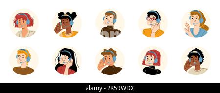 Avatars isolés de l'opérateur du centre d'appels, ensemble d'icônes rondes. Service d'assistance clientèle, agents d'aide en ligne portant un casque. Télémarketing, Internet technique h Illustration de Vecteur