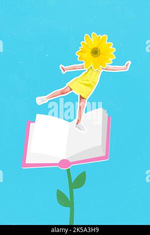 Image de collage vertical de petite fille fleur au lieu de la tête debout croissance de la plante de livre isolée sur fond peint créatif Banque D'Images