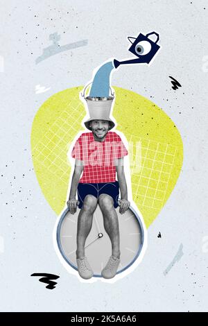 Illustration créative collage photo d'un homme optimiste et insouciant positif assis sur une horloge douche d'eau dans le cerveau isolé sur fond bleu Banque D'Images