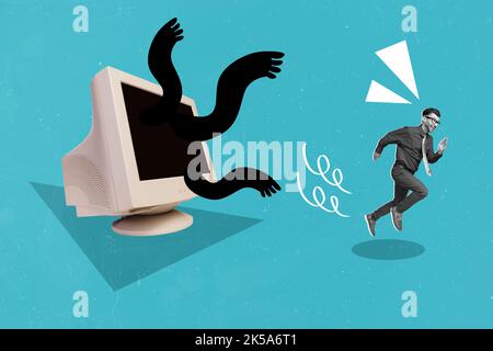 Portrait de collage créatif de la course à pied petit gars noir blanc couleurs grand écran de moniteur de pc monstre isolé sur fond peint Banque D'Images