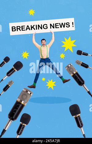 Image de collage vertical de gars excités surjoyés saut mains tenir l'actualité rupture poster microphones isolés sur fond peint Banque D'Images