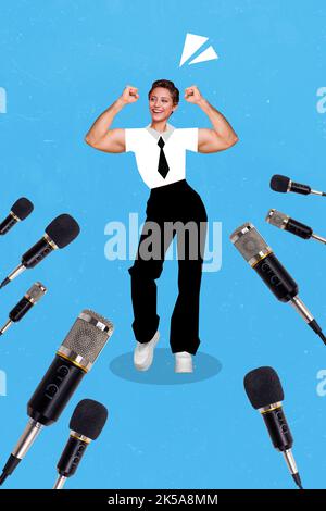 Illustration verticale de collage des bras de fille sportive positive montrant biceps journalistes microphones isolés sur fond bleu Banque D'Images