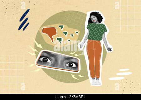 Création d'œuvres d'art collage photo de la femme mécontente contrariée obtenir beaucoup de désaime sur la post-vidéo dans les médias sociaux isolés sur fond beige couleur Banque D'Images