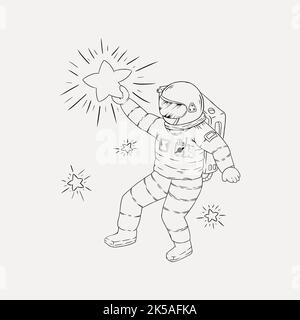 Dessin artistique de ligne astronaute, vecteur d'illustration noir et blanc. Illustration de Vecteur