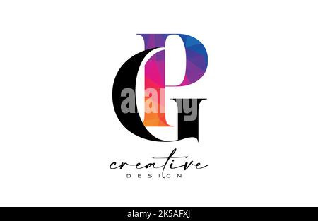 GP Letter Design avec Creative Cut et Colorful Rainbow texture. Logo vectoriel d'icône de lettre PG avec police Serif et style minimaliste. Illustration de Vecteur
