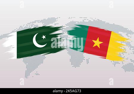 Drapeau du Pakistan et du Cameroun. Drapeau de la République islamique du Pakistan contre le Cameroun, isolé sur fond gris de la carte du monde. Illustration vectorielle. Illustration de Vecteur