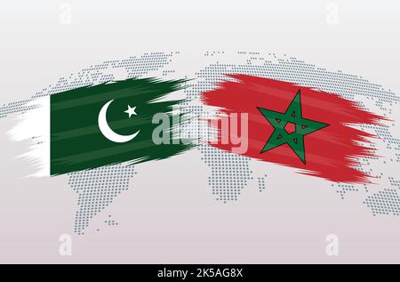 Le Pakistan et le Maroc. Drapeau de la République islamique du Pakistan contre le Maroc, isolé sur fond de carte grise du monde. Illustration vectorielle. Illustration de Vecteur