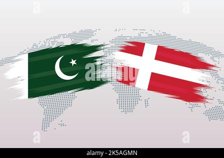 Drapeaux du Pakistan et du Danemark. Drapeau de la République islamique du Pakistan contre le Danemark, isolé sur fond gris de la carte du monde. Illustration vectorielle. Illustration de Vecteur