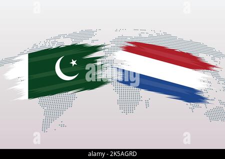 Pakistan vs pays-Bas. République islamique du Pakistan contre les drapeaux des pays-Bas, isolés sur fond de carte grise du monde. Illustration vectorielle. Illustration de Vecteur