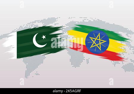 Le Pakistan contre l'Éthiopie. Drapeau de la République islamique du Pakistan contre l'Éthiopie, isolé sur fond gris de la carte du monde. Illustration vectorielle. Illustration de Vecteur