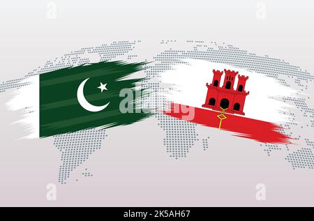 Drapeau du Pakistan et de Gibraltar. République islamique du Pakistan contre les drapeaux de Gibraltar, isolés sur fond gris de la carte du monde. Illustration vectorielle. Illustration de Vecteur