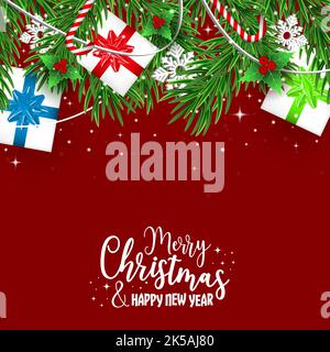 Vœux de Noël et de nouvel an avec des boîtes cadeaux, des aiguilles de pin, des baguettes magiques, des flocons de neige et des baies de houx vertes. Illustration vectorielle. Illustration de Vecteur