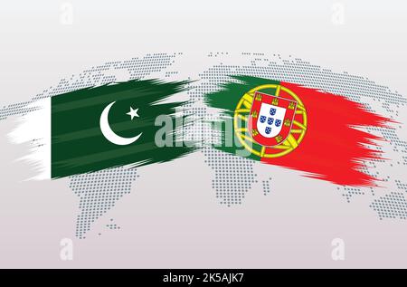 Drapeaux du Pakistan et du Portugal. Drapeau de la République islamique du Pakistan contre le Portugal, isolé sur fond gris de la carte du monde. Illustration vectorielle. Illustration de Vecteur