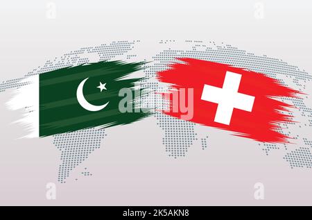 Drapeaux du Pakistan et de la Suisse. Drapeau de la République islamique du Pakistan contre la Suisse, isolé sur fond gris de la carte du monde. Illustration vectorielle. Illustration de Vecteur