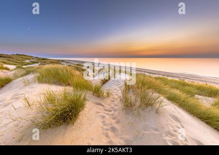 Coucher de soleil vue sur l'océan depuis la dune sur la mer du Nord et le canal à Ouddorp, province de Zélande, pays-Bas. Scène extérieure de la côte dans la nature de l'Europe. Banque D'Images