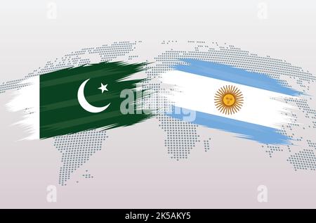 Drapeaux du Pakistan contre de l'Argentine. Drapeau de la République islamique du Pakistan contre l'Argentine, isolé sur fond gris de la carte du monde. Illustration vectorielle. Illustration de Vecteur