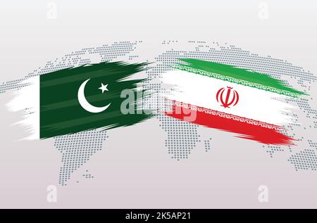 Le Pakistan contre l'Iran. La République islamique du Pakistan VS les drapeaux Irani, isolés sur fond gris de la carte du monde. Illustration vectorielle. Illustration de Vecteur