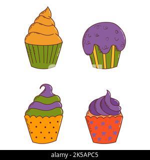 Cupcakes d'halloween mignons. Éléments d'Halloween. Concept Trick or Treat. Illustration vectorielle de style dessiné à la main. Illustration de Vecteur