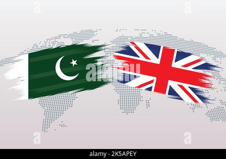 Pakistan vs Royaume-Uni drapeaux britanniques. Drapeau de la République islamique du Pakistan contre la Grande-Bretagne, isolé sur fond de carte grise du monde. Illustration vectorielle. Illustration de Vecteur