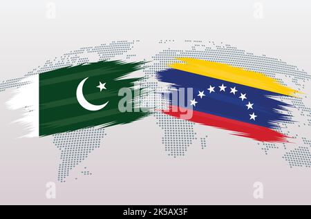 Drapeaux du Pakistan et du Venezuela. Drapeau de la République islamique du Pakistan contre le Venezuela, isolé sur fond gris de la carte du monde. Illustration vectorielle. Illustration de Vecteur