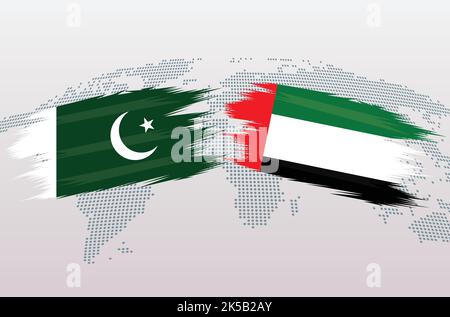 Pakistan et drapeaux des Émirats arabes Unis. Drapeau de la République islamique du Pakistan contre les Émirats arabes Unis, isolé sur fond de carte du monde gris. Illustration vectorielle. Illustration de Vecteur