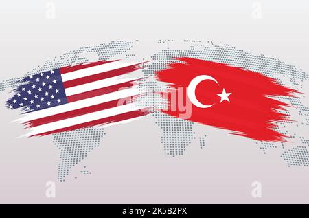 Drapeaux des États-Unis et du Turkiye. Les États-Unis d'Amérique contre la Turquie les drapeaux Turkiye, isolés sur fond gris de carte du monde. Illustration vectorielle. Illustration de Vecteur