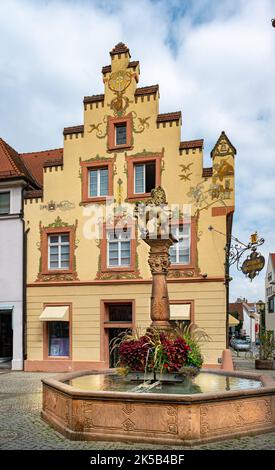 La fontaine au lion se trouve sur le pittoresque marché aux poissons au coeur d'Offenburg, en arrière-plan, le bâtiment historique (1698) de la pharmacie du cerf. Banque D'Images