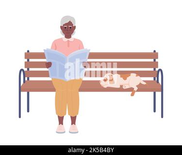 Lady et son chien assis sur un banc semi-plat couleurs personnages vectoriels Illustration de Vecteur