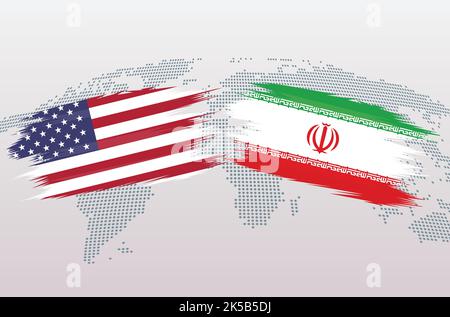 Drapeaux USA contre Iran. Les États-Unis d'Amérique VS Irani drapeaux, isolés sur fond gris de carte du monde. Illustration vectorielle. Illustration de Vecteur