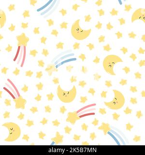 Motif sans couture avec une jolie lune kawaii et des étoiles tombant. Texture vectorielle dessinée à la main pour le papier d'emballage, l'imprimé en tissu, le textile pour enfants, la couverture, le motif carte Illustration de Vecteur
