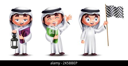 Jeu de vecteurs Arab saudi Boy personnages. Lanterne, livre quran et drapeau de la jolie collection petit garçon en blanc. Illustration de Vecteur