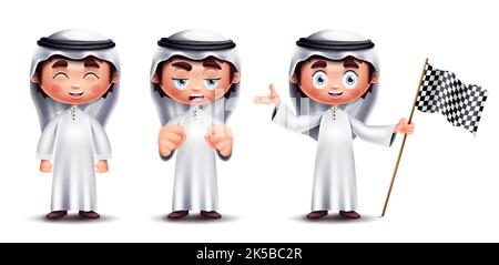 Ensemble de personnages vectoriels pour enfants saoudiens. Personnage de garçon arabe dans une collection debout avec une expression triste, solitaire et glaciale du visage sur fond blanc. Illustration de Vecteur