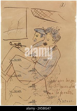 Pablo Picasso/ Picasso y Sebastià Junyer i Vidal salen de viaje. París, 1904. Tinta a pluma y lapiz de colores sobre papel. 22 x 16 cm. Museu Picasso, Barcelone. Donación Sebastià Junyer i Vidal, 1966. MPB 70,803. Banque D'Images