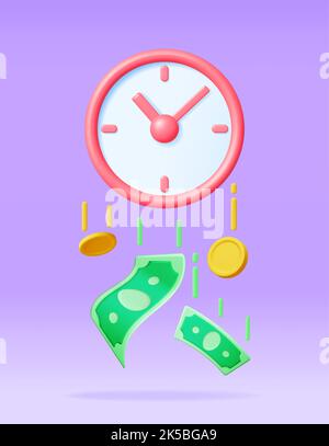 3D horloge avec billets et pièces en dollars Illustration de Vecteur