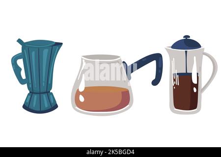 ensemble d'icônes en style plat. Ensemble de cafés élégants. Cafetière italienne théière avec café. Illustration de Vecteur