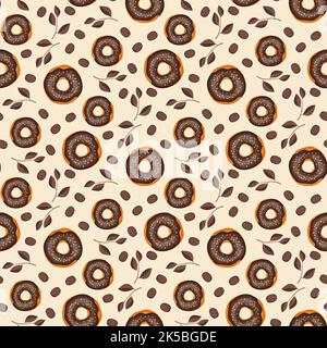 Motif sans couture à partir de beignets glacés, de grains de café et de feuilles. Imprimé de pâtisseries sucrées pour l'anniversaire, les vacances et la fête. Illustration vectorielle plate du dessert et de la nourriture Illustration de Vecteur