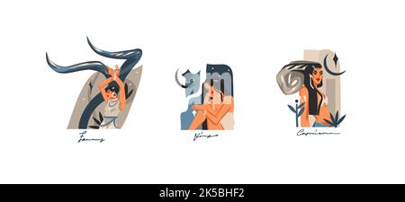 Dessin à la main vecteur stock résumé illustrations graphiques avec zodiaque astrologique contemporain signes de la terre ensemble, beauté magie personnages femelles Illustration de Vecteur
