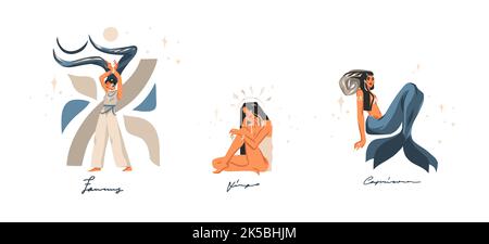 Dessin à la main vecteur stock résumé illustrations graphiques avec zodiaque astrologique contemporain signes de la terre ensemble, beauté magie personnages femelles Illustration de Vecteur