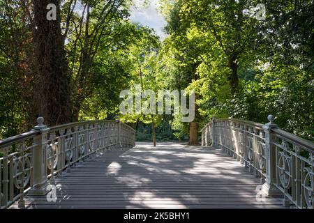 Pont fixe monumental en fer forgé avec un pont de planches en bois dans le Vondelpark à Amsterdam. Banque D'Images