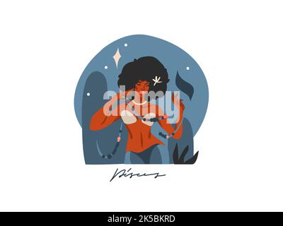 Dessin à la main vecteur stock abstrait plat illustration graphique avec signe astrologique zodiaque poissons avec beauté magie afro-américaine sirène, femelle Illustration de Vecteur