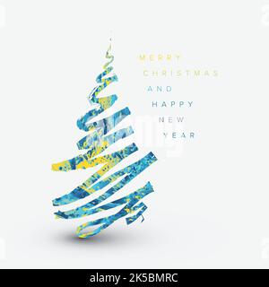 Carte de noël moderne et simple à motif vectoriel sombre avec arbre de noël minimaliste abstrait d'une ligne, composée d'un petit boulot abstrait coloré et d'un minialisti Illustration de Vecteur