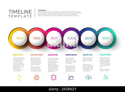 Vecteur Infographic Company jalons modèle de calendrier avec de grandes sphères blanches sur fond dégradé de couleur, des marques de réservation de texte et des icônes. Timel simple Illustration de Vecteur