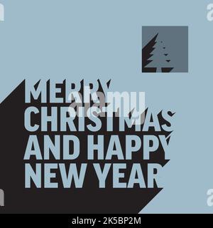 Carte de noël moderne simple et moderne à motif vectoriel bleu avec grand lettrage et long motif noir foncé et arbre de noël dans le carré bleu. Tendance minimaliste Illustration de Vecteur