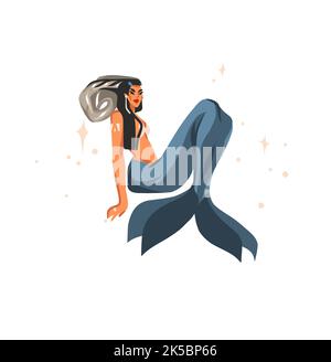 Dessin à la main vecteur stock abstrait plat graphique illustration avec zodiaque astrologique contemporain signe Capricorne avec beauté magie personnage femelle Illustration de Vecteur