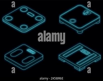 Ensemble d'icônes de balance. Ensemble isométrique d'échelles de pesage les icônes vectorielles sont fluorescentes sur fond noir Illustration de Vecteur
